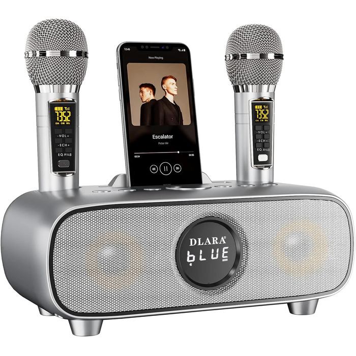Караоке машина DLARA з Bluetooth, 2 UHF мікрофони та підтримка USB/TF карт, портативна для дорослих та дітей, PA-система, блакитна (сірий про)