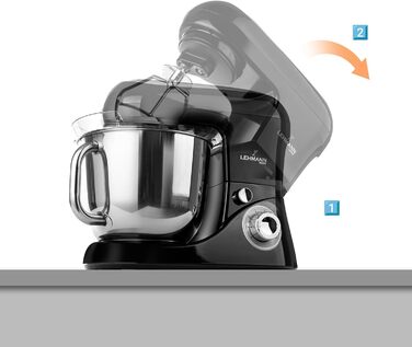 Lehmann Planetary Kitchen Machine with Stainless Steel Bowl 5 L, Multifunction Mixer 2200 W, 6 Speed Dough Machine, incl. Splash Guard, Dough Hook and Whisk (Black)
