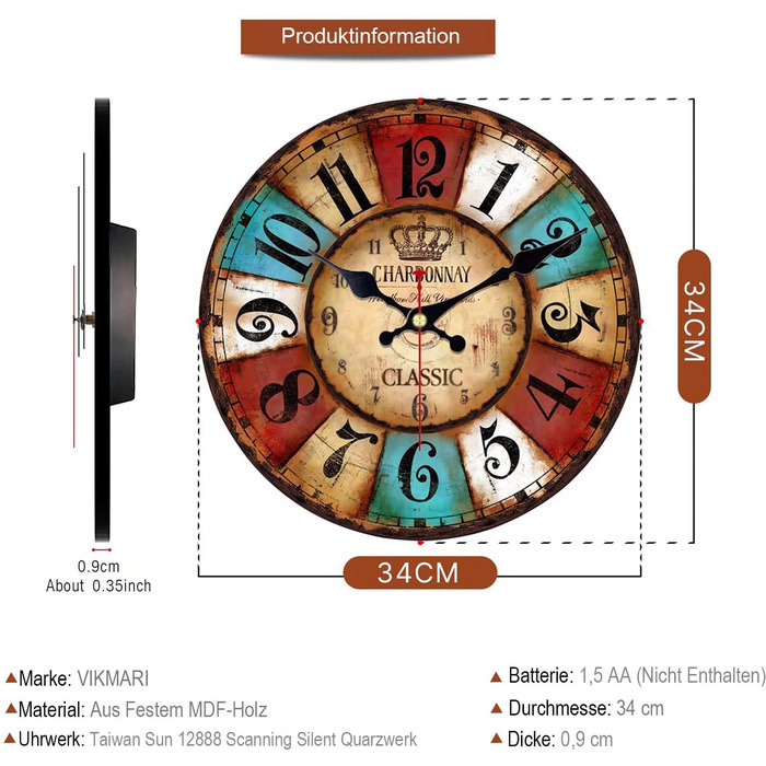 VIKMARI Quartz Wall Clock Wood Silent Hanging Clock, Battery-Powered Round Rustic Clock, Easy to Read Vintage Interior Wall Clock |Colorful Arabic Numerals|14