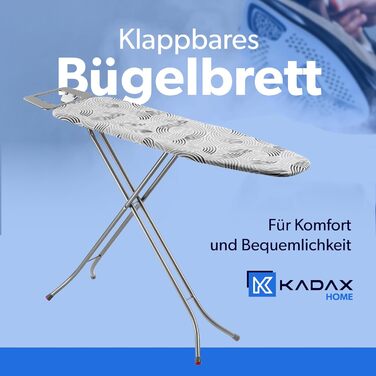 Складна прасувальна дошка KADAX 114x34 см з металевою решіткою, підставкою для праски, 5 мм підкладкою, регульованою висотою та антиковзними ніжками, сіра, виготовлена в ЄС