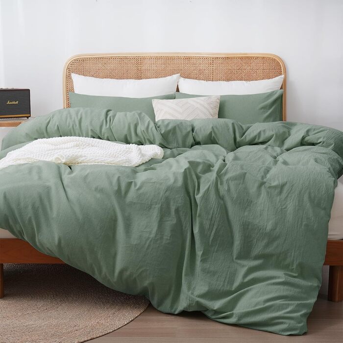 ATsense Bedding 135x200 cm Cotton 4-Piece, Bedding Sets Green ÖkoTex Certified with Linen-like Feel, Breathable, 2 Duvet Covers and 2 Pillowcases 80x80 cm 135 x 200 cm [4-Piece] Green