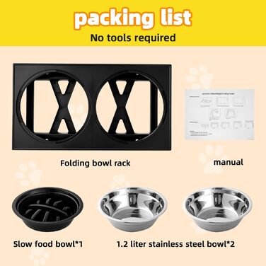 Підвищена годівниця для собак, регульована висота, великі породи - 2 x миска з нержавіючої сталі (1200 мл) + 1 x повільна годівниця (800 мл) - антиковзна станція для годування середніх/великих собак, чорний/сірий колір