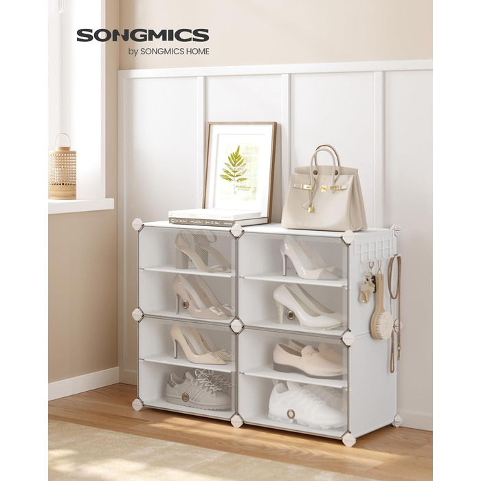 SONGMICS 10-Tier Shoe Rack, Shoe Cabinet, 30 x 40 x 30 cm per compartment, slim, with doors, steel frame, plastic, for hallway, bedroom, entryway, LPC035B01 (4 compartments (83B x 63H cm), White)