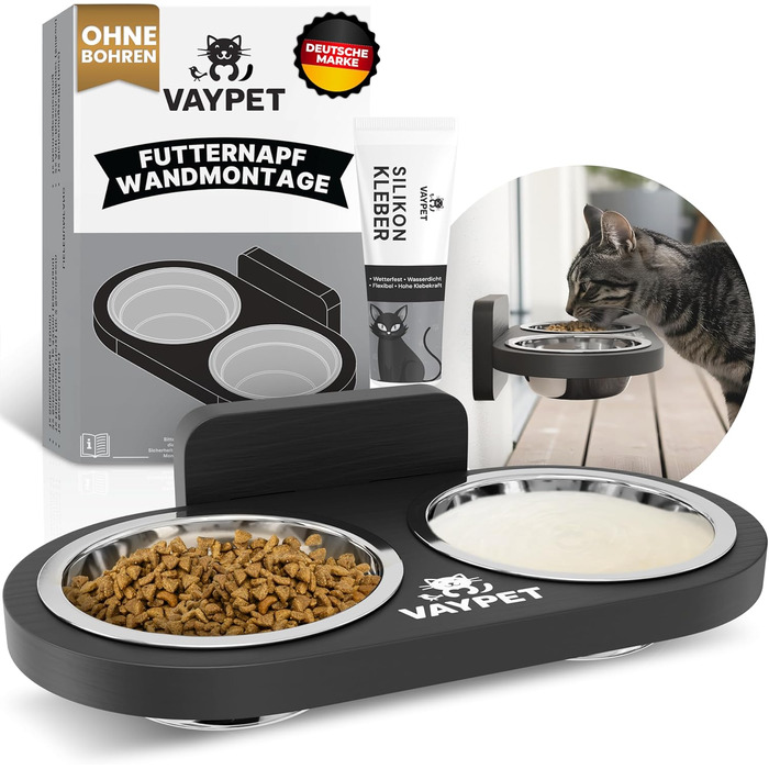 Підвищений годівниця для котів Doppel-Katzennapf: не потребує свердління, зручна, з нержавіючої сталі, чорний