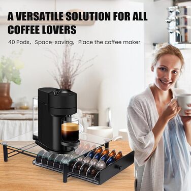 Висувна шухляда для капсул Nespresso Vertuo: органайзер на 40 капсул VertuoLine (1,35/2,7 л) - з безпечного скла, сумісна з Vertuo Next & Plus, розмір 37,5 x 33 x 8,9 см