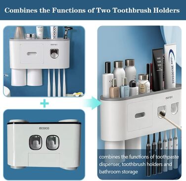 Automatic Toothpaste Dispenser, DENSAIL Toothbrush Holder Wall Mount with Dustproof Cover and 2 Toothpaste Dispensers, 2 Electric Toothbrush Holders, and 4 Toothbrush Organizer Slots (2 Dispensers + 2 Cups)