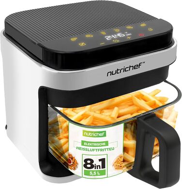 Фритюрниця NutriChef 5.5L біла – електрофритюрниця 8-в-1 з LED-дисплеєм. Готування без олії, циркуляція 360° для картоплі, курки, овочів та іншого.