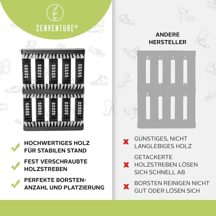ZENVENTURE® Shoe Scraper - Robust shoe scraper for indoor & outdoor use - Made of durable hawthorn wood & with anti-slip profile [36 x 27 x 5 cm] - Shoe cleaner for home and on the go (Black)