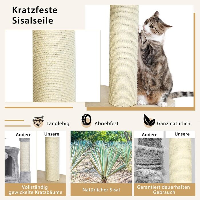 Дерев'яний кігтеточки для котів Costway 7-ярусний, 197 см з гамаком, будиночком та кошиком, товщина стовпів 15 см, бежевий