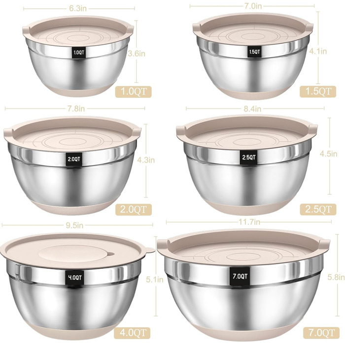Mixing Bowl Set of 6, Stainless Steel Bowls with Airtight Lid & Silicone Bottom, 3 Grater Attachments, Bowl Set for Baking/Serving, 6.6 L/3.8 L/2.4 L/1.9 L/1.4 L/0.6 L - Khaki