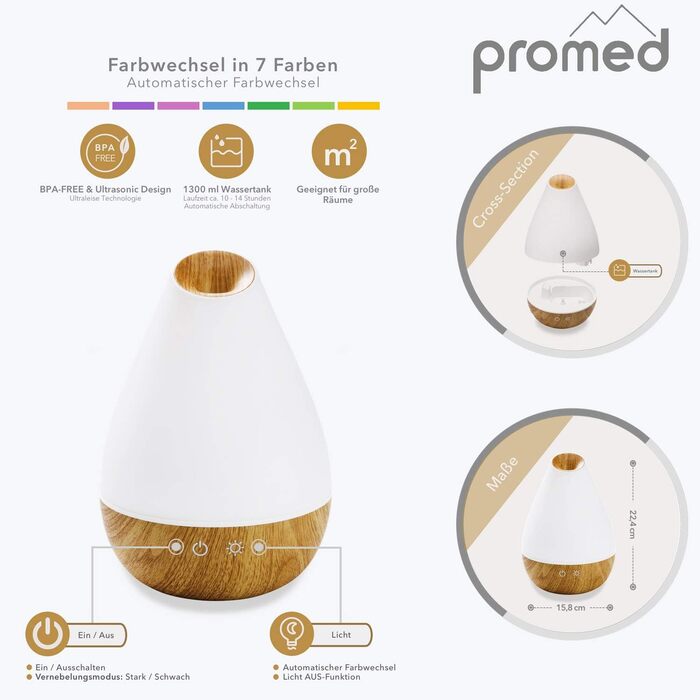 Аромадифузор Promed AL-1300 WS – ультразвуковий зволожувач повітря 1,3 л з LED-підсвіткою, авторежим та дерев'яною обшивкою | Ароматерапія та зволоження повітря