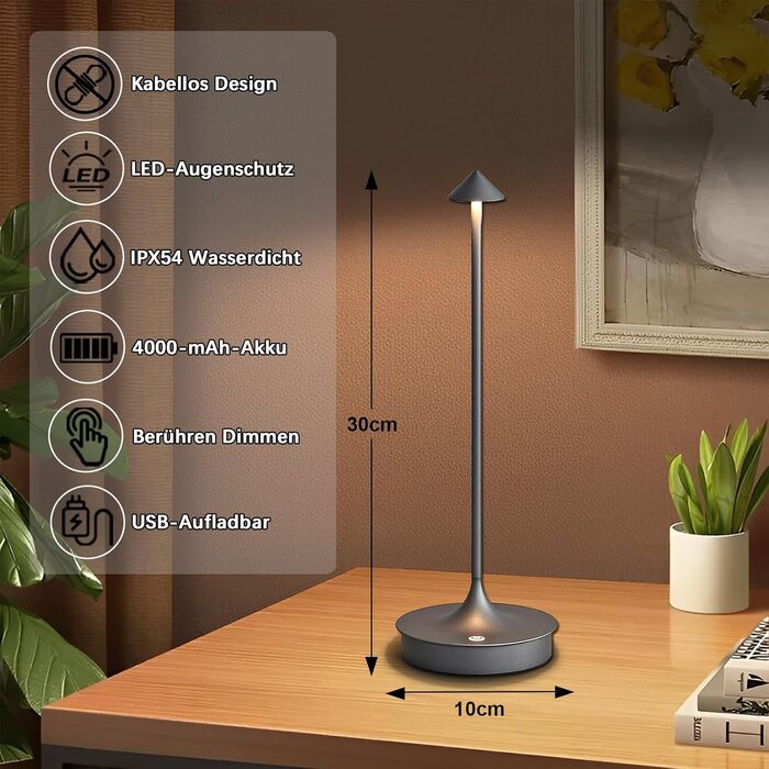 Світлодіодний настільний світильник Leomix акумуляторний, димуючий, водонепроникний IP54 (2 шт, сірий) для ресторану, бару, саду, балкону