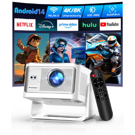 Проектор Alwtniet Mini Beamer 4K 8K з Android 14, WiFi 6, Bluetooth 5.4, Автофокус та Автокорекція, 180° поворот, для домашнього кінотеатру, HY350MAX