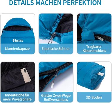 Сплячий мішок для дорослих та дітей, легкий зимовий спальник Outdoor 8°C ~ -30°C для кемпінгу та альпінізму з 650 FP гусячим пухом, блакитний, 500г пуху