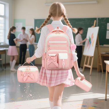 Шкільний рюкзак для дівчинки 3 в 1: рюкзак, ланч-бокс, пенал. Kawaii дизайн, 3-7 клас, антикрадійний, 24L, рожевий
