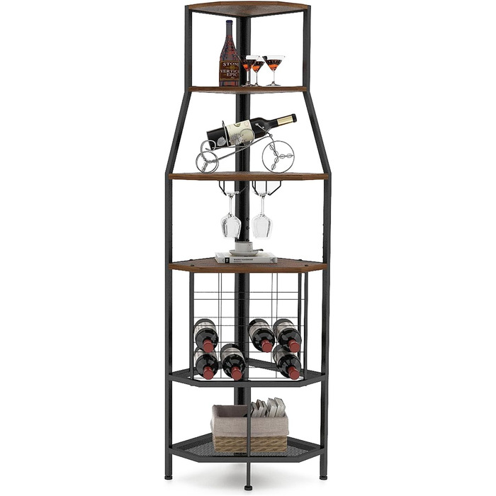 VEDECASA Corner Wine Rack Freestanding 5-Tier Corner Bar Shelf with Glass Holder and Wine Storage Industrial Wine Rack Wine Bar Cabinet for Kitchen Bar Cellar Dining Room vintage brown-black