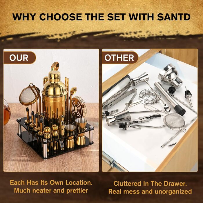 Набір шейкерів для коктейлів KINGROW 29 предметів: професійний барний аксесуар для дому, вечірок та барів | Золотий барний набір з усіма необхідними інструментами для приготування коктейлів