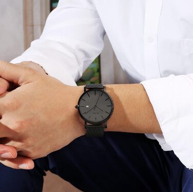 Годинник чоловічий BUREI Ultra тонкий аналоговий з датою, кварцовий механізм, нержавіюча сталь, чорний, темно-сірий. Подарунок для чоловіків