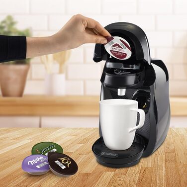 Кавомашина Tassimo Happy TAS1002N від Bosch: понад 70 напоїв, автоматична, для будь-яких чашок, компактна, 1400 Вт, чорний/антрацит
