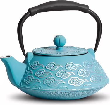 Cast iron teapot, Japanese teapot with infuser for loose tea, 800ml teapot suitable for stovetops, with enameled interior coating, cloud pattern, 27oz Green (Sky-blue)