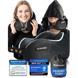Подушка для шиї Comfy від HELDENWERK для подорожей літаком/автомобілем - Memory Foam, 6-позиційне регулювання, для дорослих, чорна