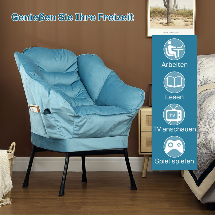 HOMCOM Armchair Living Room Lounge Chair Padded Recliner Chair with Side Pocket, Steel Legs Upholstered Chair with Velvet Look, Single Chair for Bedroom, Blue | Aosom