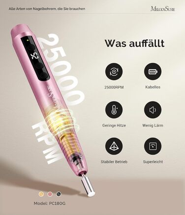 Електричний фрезер для нігтів MelodySusie PC180G Rose: професійний набір для манікюру та педикюру з LED-дисплеєм та 25 швидкостями