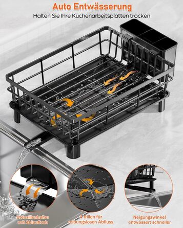 LIONONLY Dish Drainer Rack, Small 2-Tier Dish Rack with Drip Bowl, Stainless Steel Dish Drainer with Utensil Holder, Drink Holder and Swivel Spout, Dish Drying Rack Kitchen