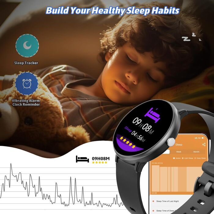Дитячий розумний годинник - фітнес-трекер з IP68, 19 спортивних режимів, монітором серцевого ритму та сну, крокомером. Чорний колір.