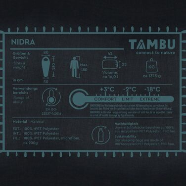 Спальний мішок TAMBU Mumienschlafsack 80x210см - компактний, для літа, осені та зими. Теплий, для кемпінгу, подорожей, фестивалів. Без PFC, синій.