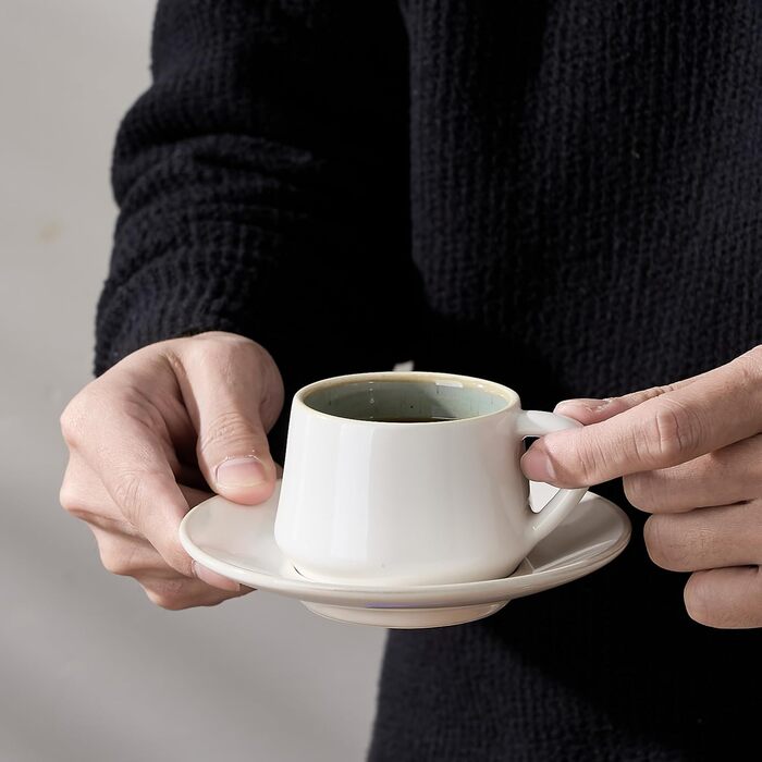 Набір керамічних чашок та підставок для кави з металевим стійкою (6 шт.), 130 мл - Cappuccino, Espresso, Latte, Americano, Чай, чорний колір