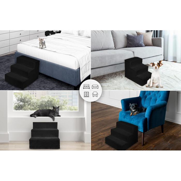 Сходинка для собак Mg Design - 3 сходинки, чорний колір, стабільний дерев'яний каркас, для собак та котів, 40 x 45 x 35 см