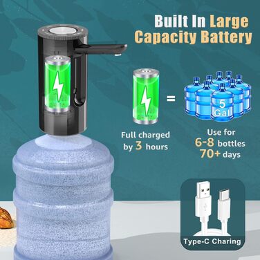 Електрична USB помпа для води YISH, портативна, складна, для бутлів 5 галонів, акумуляторна, для дому, офісу, кухні, кемпінгу