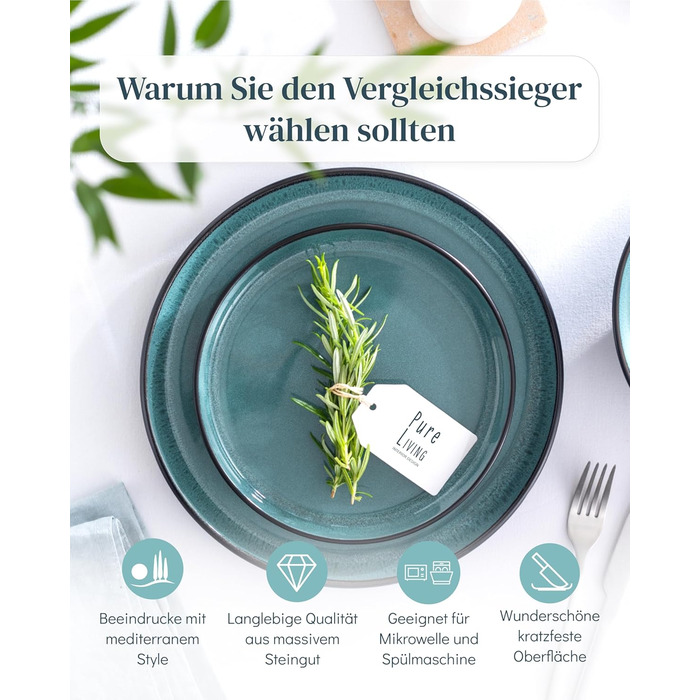 Набір посуду з каменю 12 осіб Ibiza 36 предметів, Переможець тесту, Набір посуду Pure Living Petrol 36 предметів, для 12 осіб