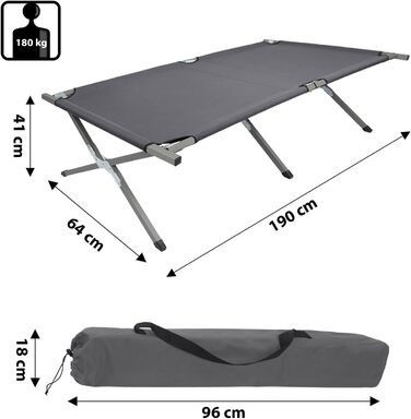 Розкладне ліжко BB Sport для кемпінгу та відпочинку: сталевий каркас, 190x64x41 см, 180 кг, тканина Oxford 600D, сірий колір