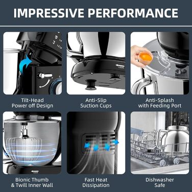 Кухонна машина-міксер з чашею 6.5л з нержавіючої сталі, 2000W, 6 швидкостей, для тіста та міксування, з набором насадок (вічорник, гак для тіста, вінчик) та захистом від бризок, чорна