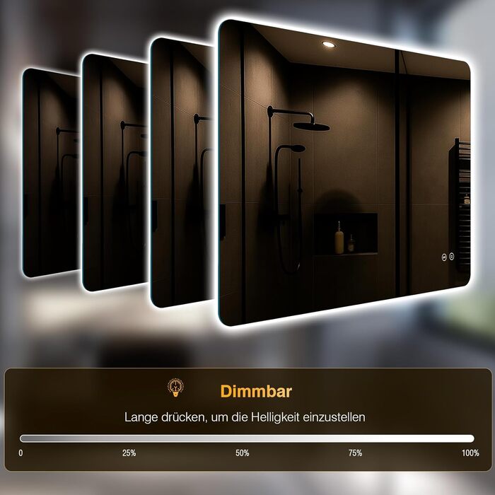 Дзеркало для ванної кімнати з підсвічуванням LED, 100x60 см, 3 кольори світла, диммування, пам'ять, сенсорне керування, IP44, вологостійке