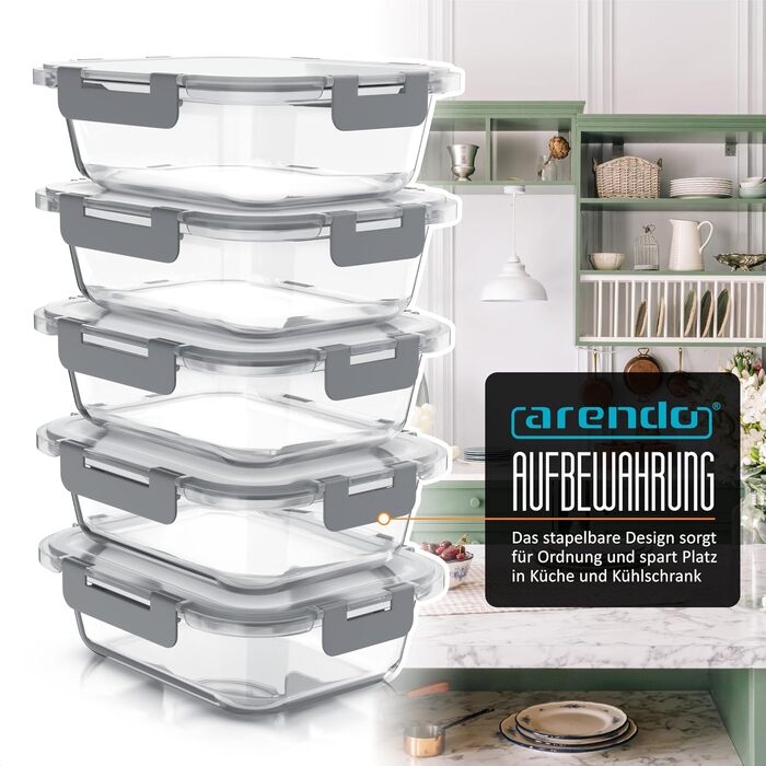Контейнери для зберігання продуктів Arendo Glas, 5 шт. 1000 мл, герметичні, для мікрохвильовки, духовки, морозильника, посудомийки - Lunchbox