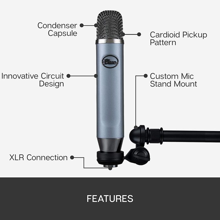 Конденсаторний мікрофон Blue Ember XLR для запису та стрімінгу, сірий + адаптер для стійки