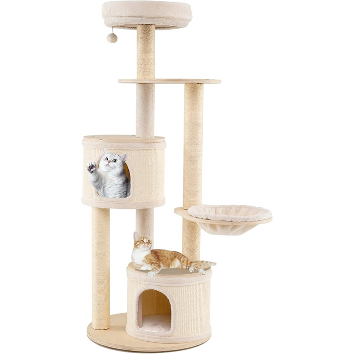 Дерев'яний кігтеточка для котів Costway 151 см з будиночком, гамаком та сизалевими стовпчиками