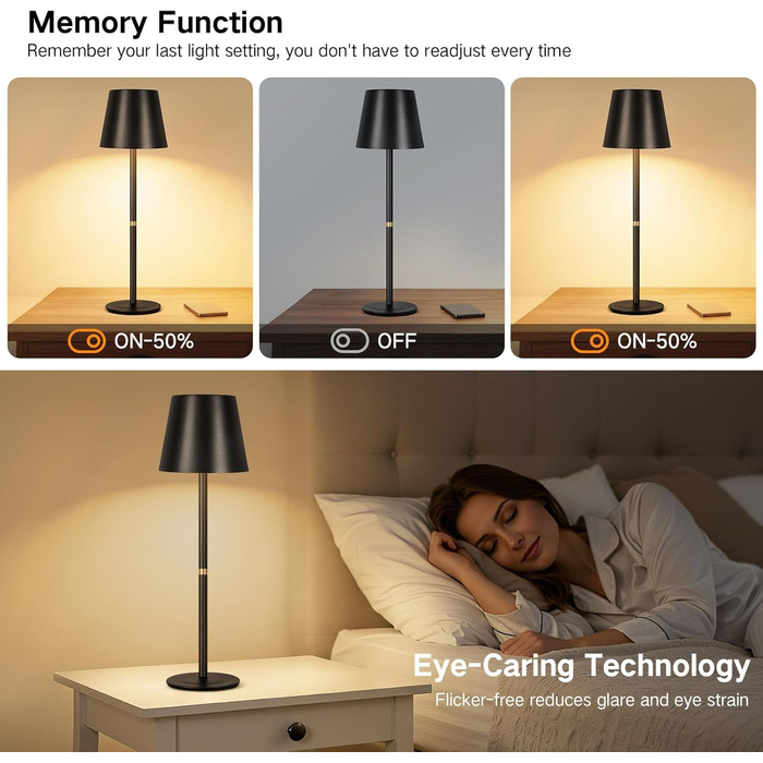 OUTON LED Настільна лампа 2 шт. Бездротова з зарядкою, сенсорне керування, 3 режими, IP54, 30 годин роботи, для дому та відпочинку, чорна