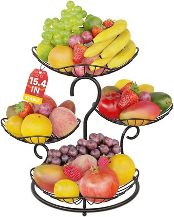 PouHenier 5-ярусна металева фруктова корзина для зберігання фруктів та овочів, чорного кольору з підставкою для бананів