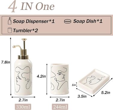 4-Piece Ceramic Bathroom Set, Artistic Line Face Bathroom Accessories Set with Soap Dispenser, Toothbrush Holder, Cup, Soap Dish, Abstract Bathroom Set for Decor, Cream