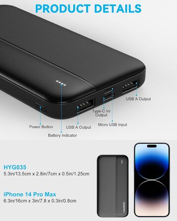 Power Bank GREPRO 10000mAh: компактний зарядний пристрій з USB-C та 2 USB виходами, чорний