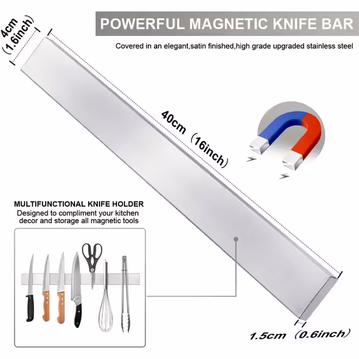 Ninonly Magnetic Knife Rail No Drilling Magnetic Knife Rail for Knives 40cm (16 inch) Self-Adhesive Magnetic Knife Strip Magnetic Knife Holder Wall Mount for Knives Kitchen Utensils Tools