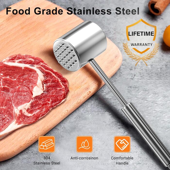 Кліпер для м'яса HOOMIL, двосторонній антипригарний, молоток для відбивання м'яса з неслизькою ручкою, для шніцелів та стейків, срібний (круглий, гладкий срібний)