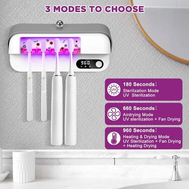 Bestcool Toothbrush Holder Wall Mount, UV Toothbrush Sterilizer with 4 Brush Slots, UVC Sterilization & Drying Electric Toothbrush Holder for Baby & Family, Bathroom Organizer