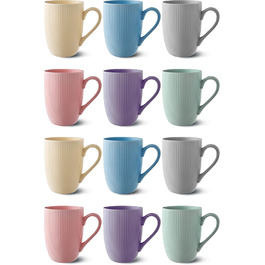 Cosumy Coffee Mug Set of 12 - Modern Colorful Pastel Colors - Unique Stripe Pattern - Matte Ceramic - Microwave Safe - Dishwasher Safe & Comfortable Handle