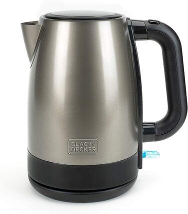 Електричний чайник BLACK+DECKER BXKE2202E 1.2L, 2200W, нержавіюча сталь, поворотна база 360°, для лівшів, з автовимкненням