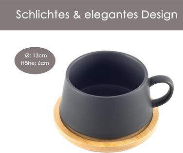 Набір кавових чашок 6 шт. об'ємом 360 мл, кераміка преміум-якості, велика ручка, для кави та чаю, чорний колір з підставками, 4 шт.